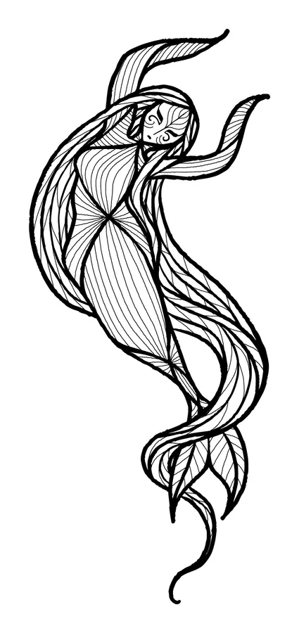 Flowing line art mermaid spirit with long streaming hair
