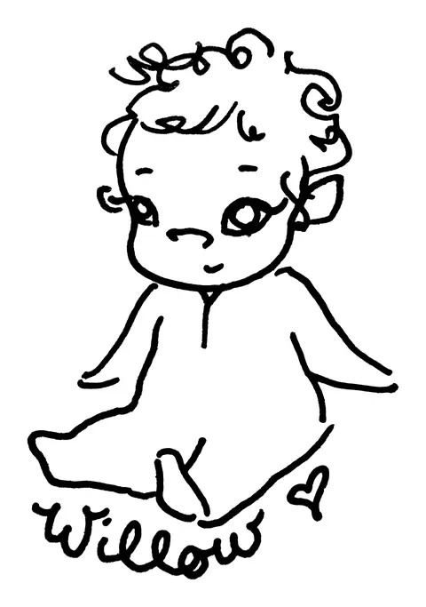 Line drawing of a curly-haired baby with a heart