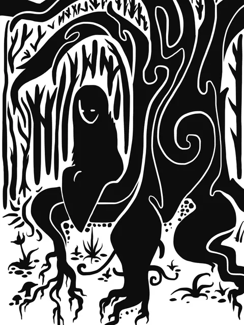 Black ink silhouette of a hooded figure sitting in the roots of a huge swirling tree