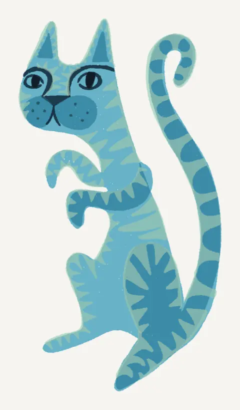 Blue striped cat stretched tall with its paws tucked and its tail curling up behind it